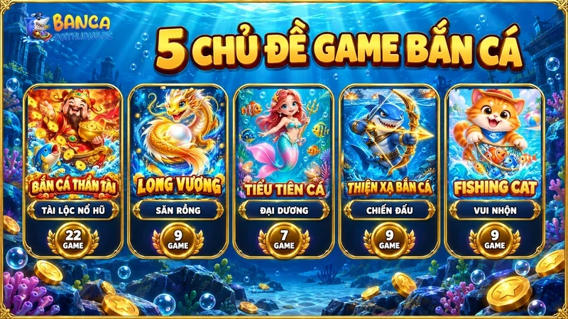 5 chủ đề game bắn cá: Tài Lộc Nổ Hũ 22 game, Săn Rồng 9, Đại Dương 7, Chiến Đấu 9, Vui Nhộn 9